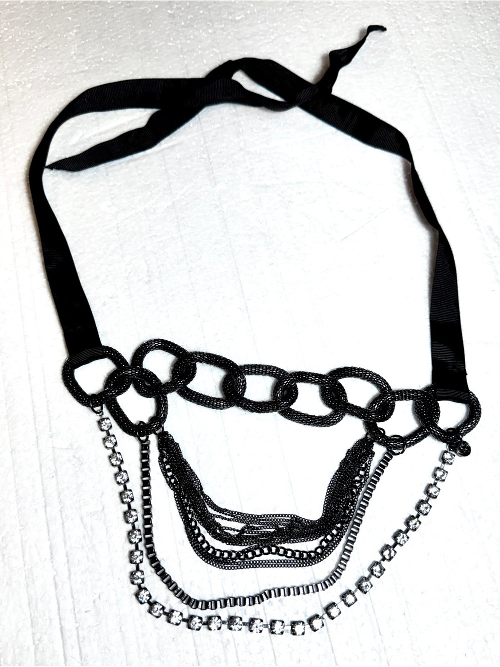 Gunmetal Multi-Row Statement Necklace with Clear Crystals Designers Vera Wong